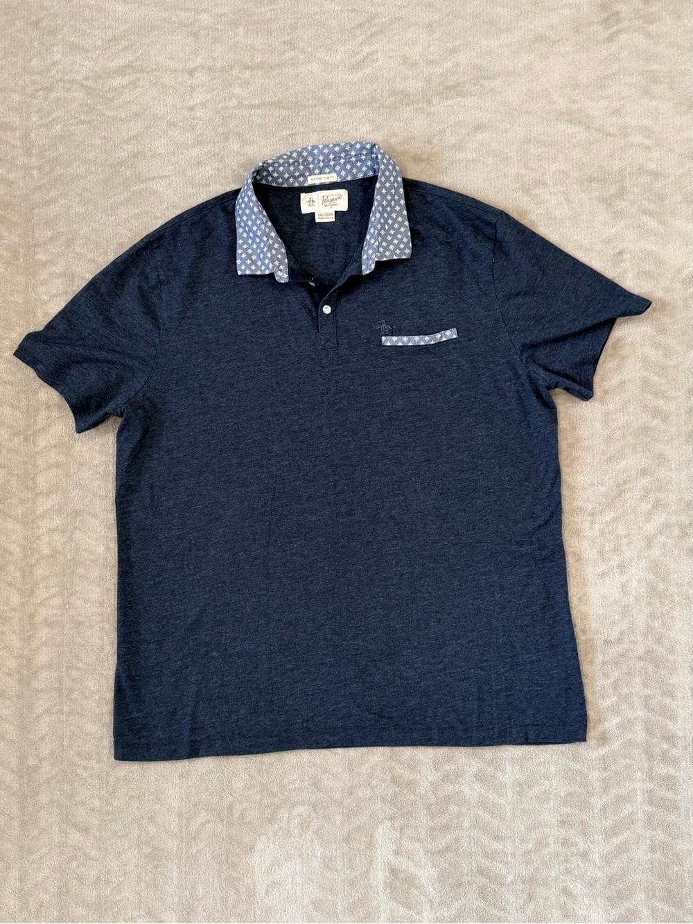 An Original Penguin Polo Shirt Mens XXL Heritage Slim Fit Navy Geometric Collar